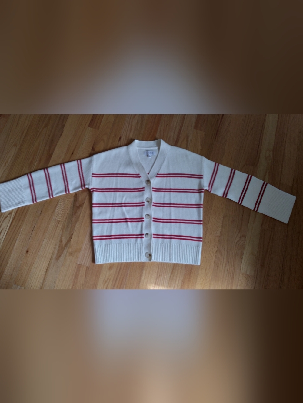 Classic Cream Cardigan with Red Stripes